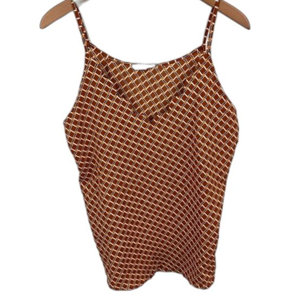E & M Tan Brown Scalloped V-Neck Camisole Blouse Size Large Coastal Summer